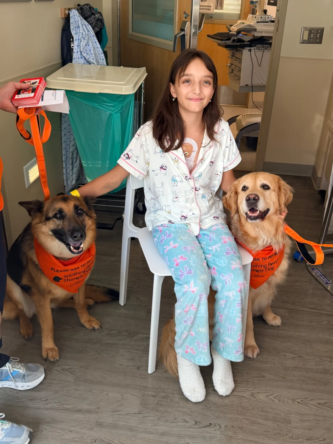 Sophia enjoying a hospital visit from the Soothing Paws® therapy dogs